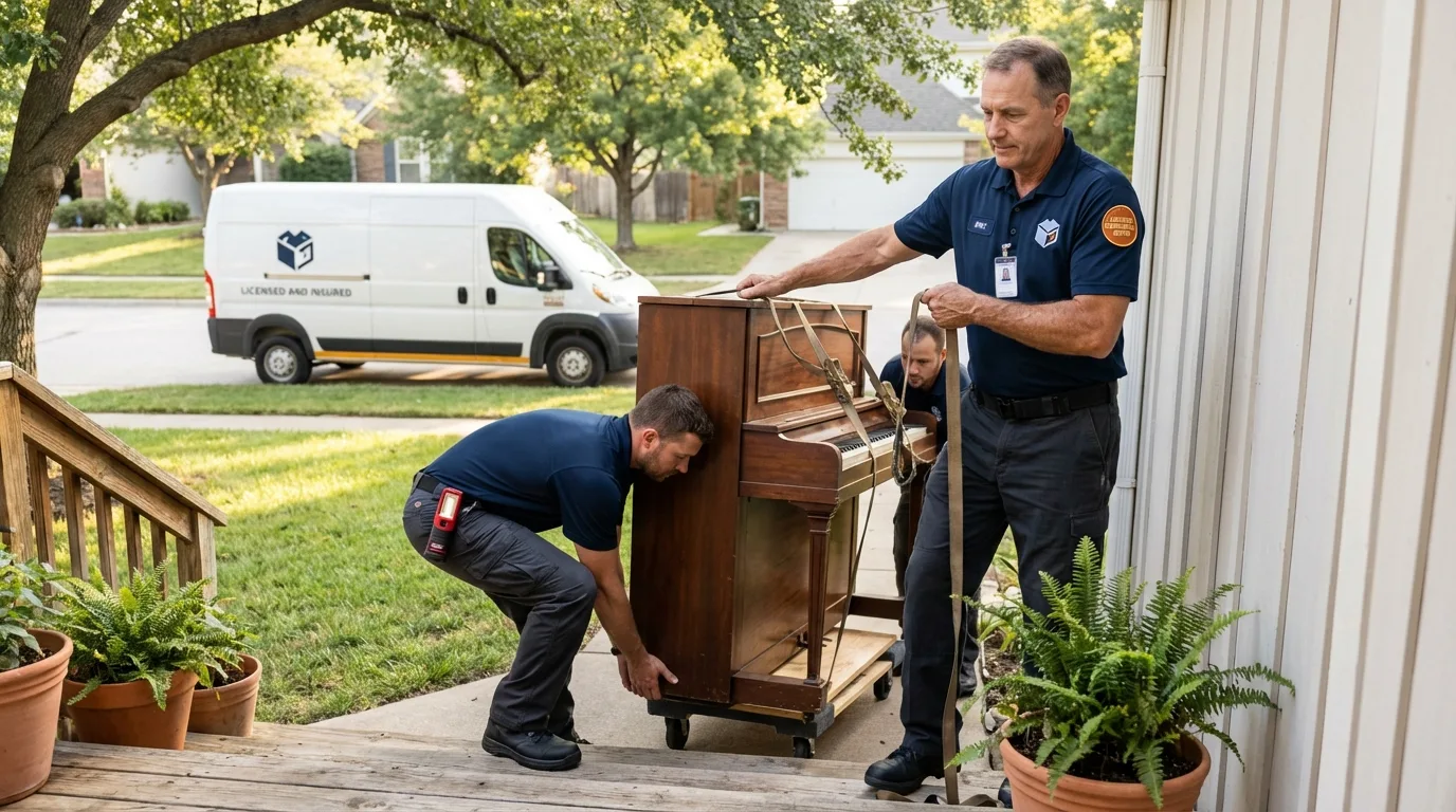 Licensed piano movers securing grand piano in Westmoreland, TN