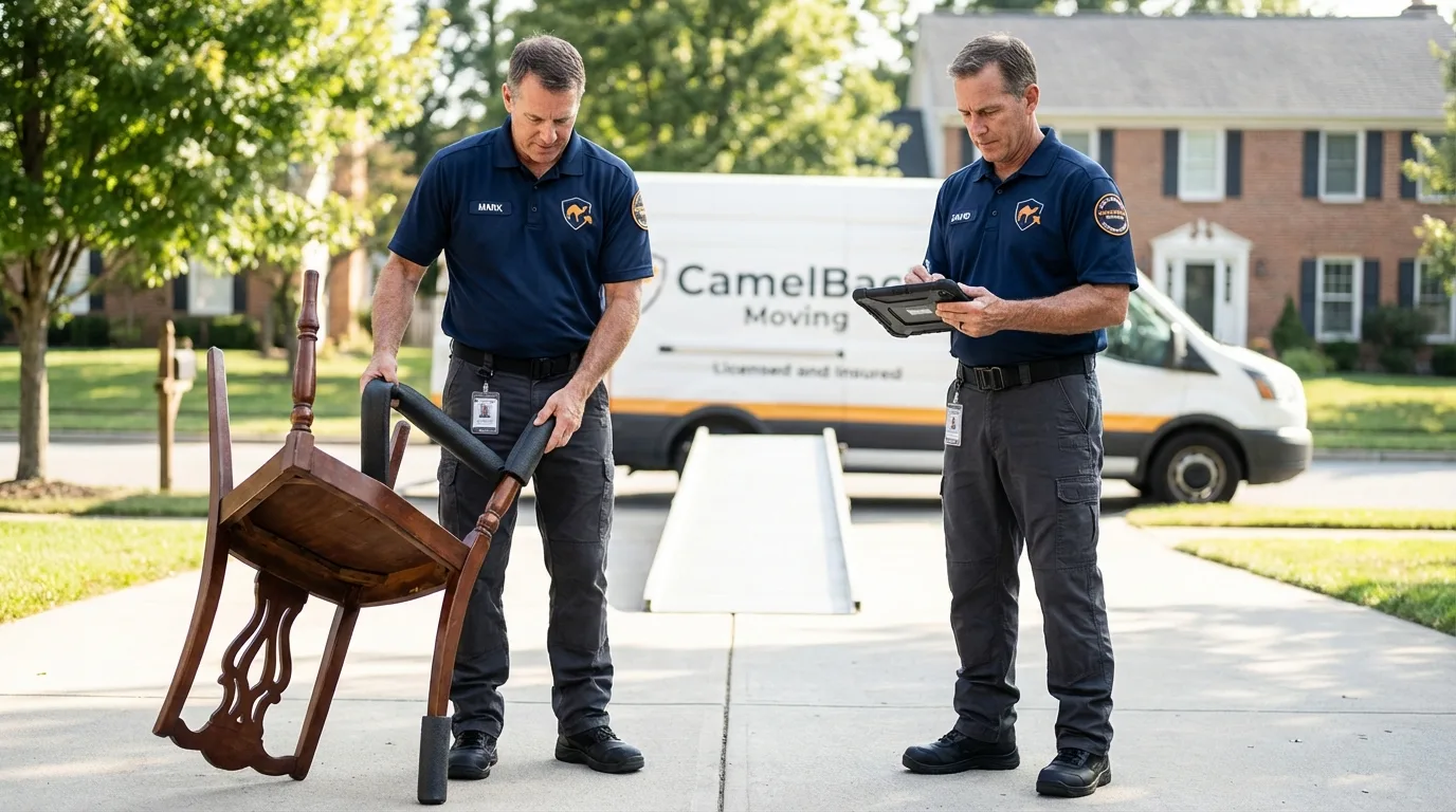 Movers inspecting furniture for damage prevention before loading in Westmoreland, TN