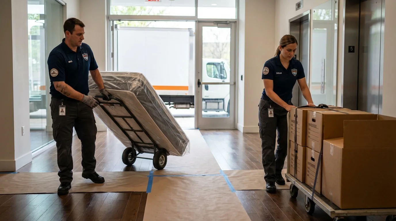 Professional apartment movers loading elevator in Westmoreland, TN