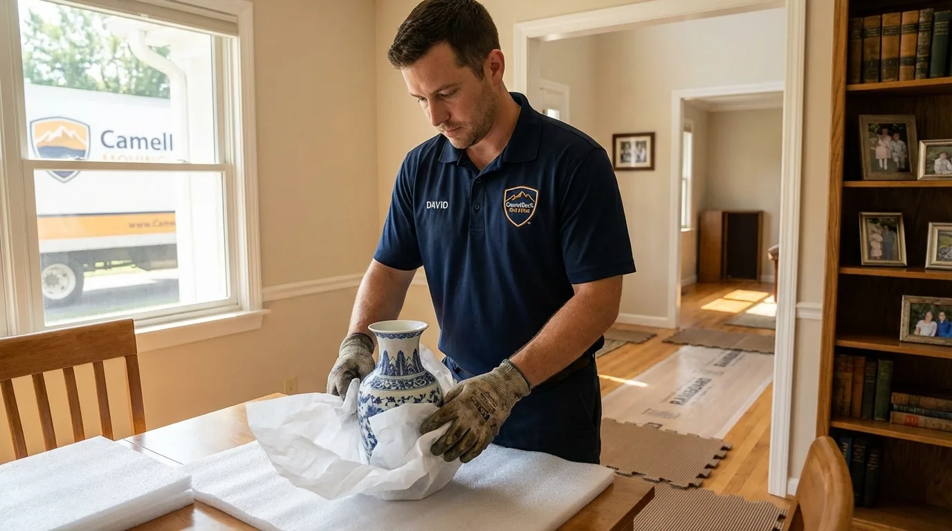 Professional crew carefully wrapping antique vase for senior downsizing move in Westmoreland, TN